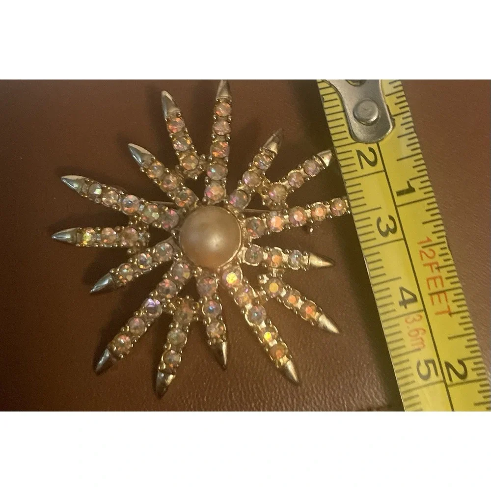 Vintage EMMONS Brooch Starburst AB Rhinestones & Faux Pearl Gold Tone Pin
